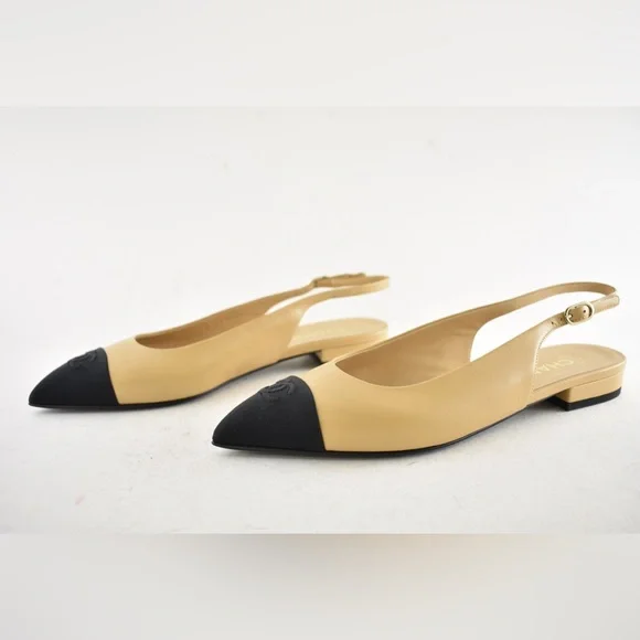 Chanel 24A Beige Leather Black CC Logo Coco Slingback Pointed Ballet Flat 39 - Picture 13 of 15